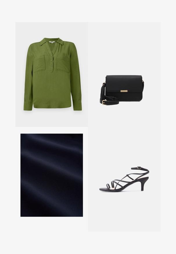 TOM TAILOR BLOUSE STRUCTURED SOLID - Bluse - deep ivy green; Mørk navyblåt glat stof med bløde folder og subtil tekstur, der antyder et let og fint materiale.; Sort damesandal med stropper, lav lillehæl og ankelstrop med spænde på en ensfarvet lys baggrund.; Sorte læder crossbody taske med flaplukning, guldfarvede Hardware, justerbar rem og tekstureret overflade. Kompakt rektangulær form.