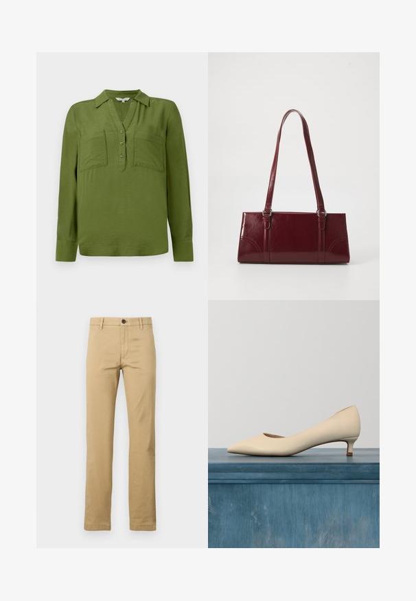 TOM TAILOR BLOUSE STRUCTURED SOLID - Pluus - deep ivy green; Kahvakat chino püksid, mis on valmistatud puuvillast, sirge säärega, kahe esi-taskuga, ühe nupuga kinnitusega ja vööloopidega, sujuva tekstuuriga.; Beež lakknahast kingad terava ninaga, madala kassisääre kontsaga ja avatute külgedega, mis on tekstureeritud pinnaga ja sileda sisuga.; Burgundia värvi käekott, mis on valmistatud läikivast materjalist, ristküliku kujuline, kahe õlapaelaga ning ees on peened kaarjad aktsendid.