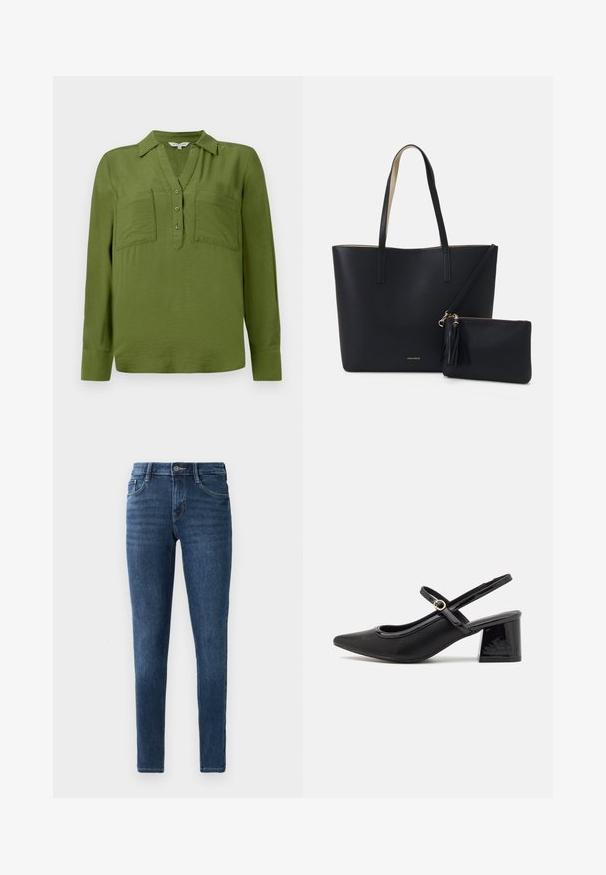 TOM TAILOR BLOUSE STRUCTURED SOLID - Blúzka - deep ivy green; Tmavomodré denimové skinny džínsy s klasickým dizajnom piatich vreciek, predným zapínaním na gombík a jemnými švovými detailmi. Hladká textúra po celom obvode.; Čierne lakované kožené lodičky so slingback dizajnom, špicatou špičkou, zaobleným výrezom a blokovým podpätkom. Obsahuje akcent zlatého tónu s prackou.; Čierna taška cez rameno s textúrovaným materiálom, dvomi dlhými popruhmi a odnímateľným zipsovým vreckom s detailom v podobe strapca. Viditeľné zlaté logo značky.