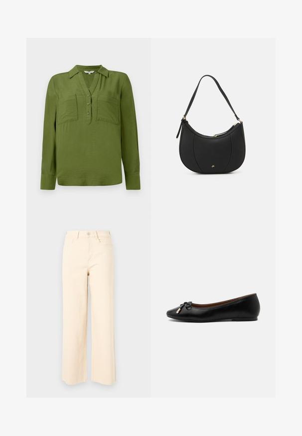 TOM TAILOR BLOUSE STRUCTURED SOLID - Bluse - deep ivy green; Beige bredde ben jeans lavet af bomuld, med høj talje, knaplukning og to forlommer med en glat, tekstureret overflade.; Sort læder balletflat med rund tå, lille sløjfe med guldtippede ender og en lav flad hæl på en grå baggrund.; Sort læderhåndtaske med en buet form, struktureret overflade, forreste syninger og et logo i guldfarve. Har en enkelt justerbar rem.