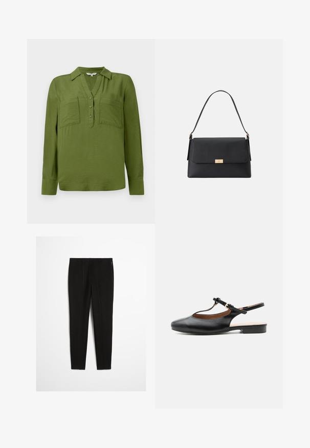 TOM TAILOR BLOUSE STRUCTURED SOLID - Bluse - deep ivy green; Sort højtaljede leggings med synlige lodrette sømme foran, der har en smal og strækbar pasform, som går ned til anklerne.; Sort læder flad slingback-sko med T-rem og guldlås på neutral baggrund.; Sort håndtaske lavet af tekstureret materiale med en struktureret form. Har en klaplukning, en guldfarvet hardwaredetalje og et enkelt håndtag.