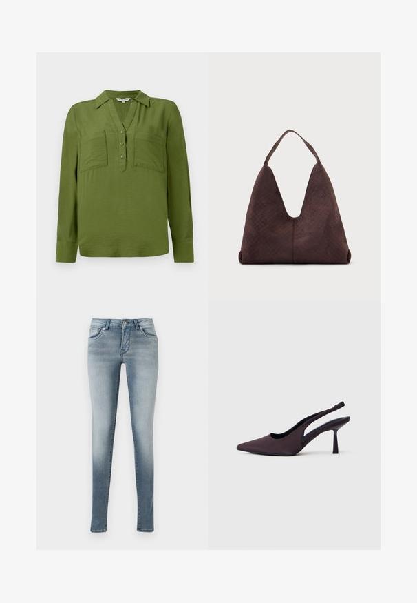 TOM TAILOR BLOUSE STRUCTURED SOLID - Pluus - deep ivy green; Heledad sinised kitsas teksad, mis on valmistatud denimist, viie tasku disainiga, nupu ja lukuga kinnitamine ning jalgadel kerge fade efekt.; Tumevioletsest kangast slingback-kontsaga king. Terava ninaga disain, avatud küljed ja sihvakas, ruudukujuline konts. Sile tekstuur.; Suur pruun nahast käekott kootud tekstuuriga ja ühe õlarihmaga, esitatuna ühtlase hele tausta ees.