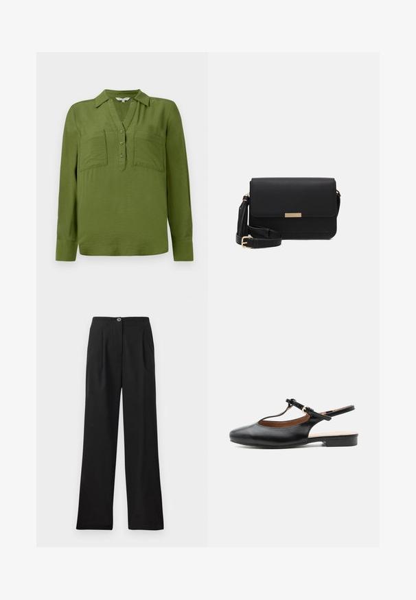 TOM TAILOR BLOUSE STRUCTURED SOLID - Pluus - deep ivy green; Mustad, kõrge vöökoht ja sileda kangaga püksid, millel on ees voldid, üks nupp sulgemiseks ja laiad sääred. Ei ole nähtavaid taskuid.; Mustast nahast lamed kreeniga T-rihmaga ja kuldse pandlaga king neutraalsel taustal.; Mustmust nahkkotasku klapiga, kuldsete detailidega, reguleeritava rihmaga ja tekstureeritud pinnaga. Kompaktne ristkülikukujuline kuju.