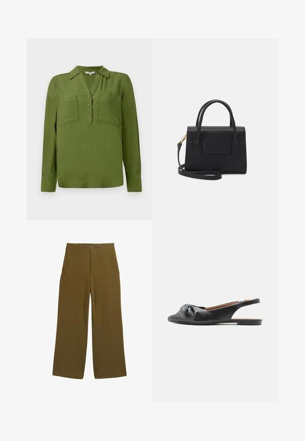 TOM TAILOR BLOUSE STRUCTURED SOLID - Bluse - deep ivy green; Bredde benbukser i olivengrønt stof, med en glat tekstur og ingen synlige lukninger. Designet til en afslappet pasform med rene linjer.; Sort læder flad slingback-sko med snoet knudedetalje over tæerne og en lav hæl, vist i profil mod venstre.; Sort struktureret håndtaske lavet af læder med et topgreb, aftagelig skulderrem og detalje med frontklap. Guldhardware accenter.