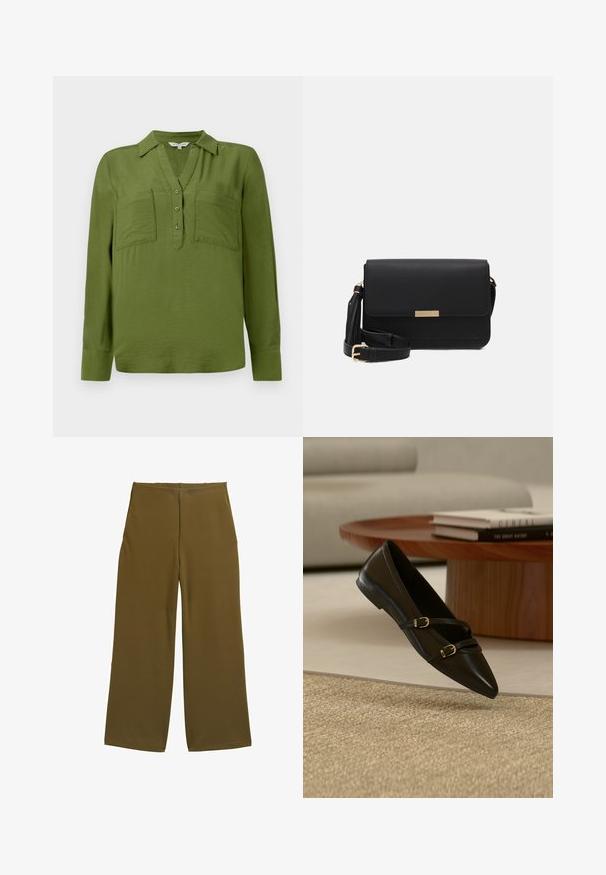 TOM TAILOR BLOUSE STRUCTURED SOLID - Bluse - deep ivy green; Bredde benbukser i olivengrønt stof, med en glat tekstur og ingen synlige lukninger. Designet til en afslappet pasform med rene linjer.; Sort flad sko med spids snude og to tynde remme med spænder, der svæver over et beige tæppe, med et bord i træ og bøger i baggrunden.; Sorte læder crossbody taske med flaplukning, guldfarvede Hardware, justerbar rem og tekstureret overflade. Kompakt rektangulær form.