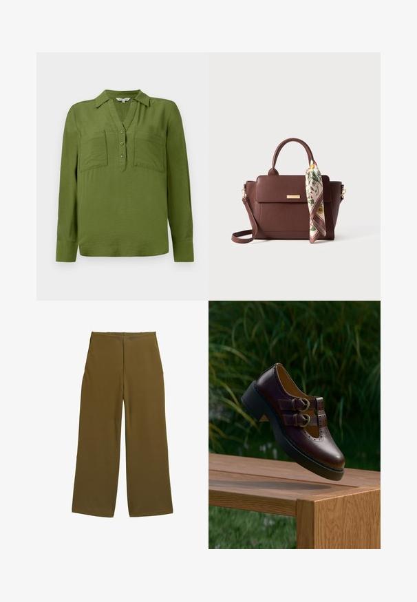 TOM TAILOR BLOUSE STRUCTURED SOLID - Blouse - deep ivy green; Pantalons à jambes larges en tissu vert olive, présentant une texture lisse et sans fermetures visibles. Conçus pour un ajustement décontracté avec des lignes épurées.; Chaussure en cuir marron foncé avec double boucle, détails perforés et semelle noire épaisse, suspendue au-dessus d'une table en bois à l'extérieur.; Sac à main en cuir marron avec des poignées supérieures et une bandoulière détachable. Comprend un foulard à motif floral attaché à la poignée. Détails en métal doré.