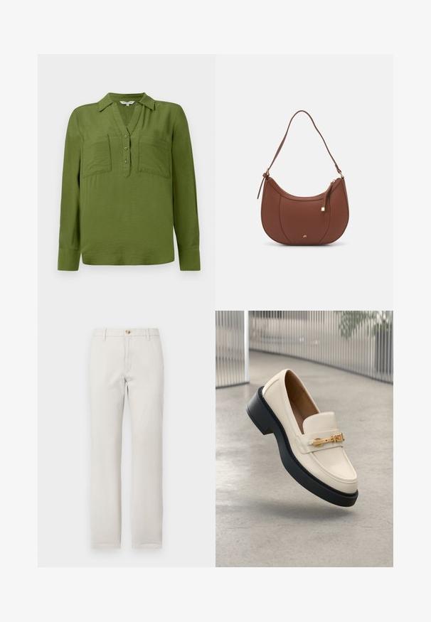 TOM TAILOR BLOUSE STRUCTURED SOLID - Blouse - deep ivy green; Rechtrand beige broek met riemlussen, knoopsluiting aan de voorkant en ritssluiting op een effen witte achtergrond.; Roomkleurige loafer met zwarte zool en gouden gespdetail, schuin omhoog geplaatst op een lichtgrijze betonnen vloer.; Bruine faux leren schoudertas met een gebogen vorm, minimale stiksels en een gouden hardware-accent. Voorzien van een bovenste ritsluiting en een verstelbare schouderband.