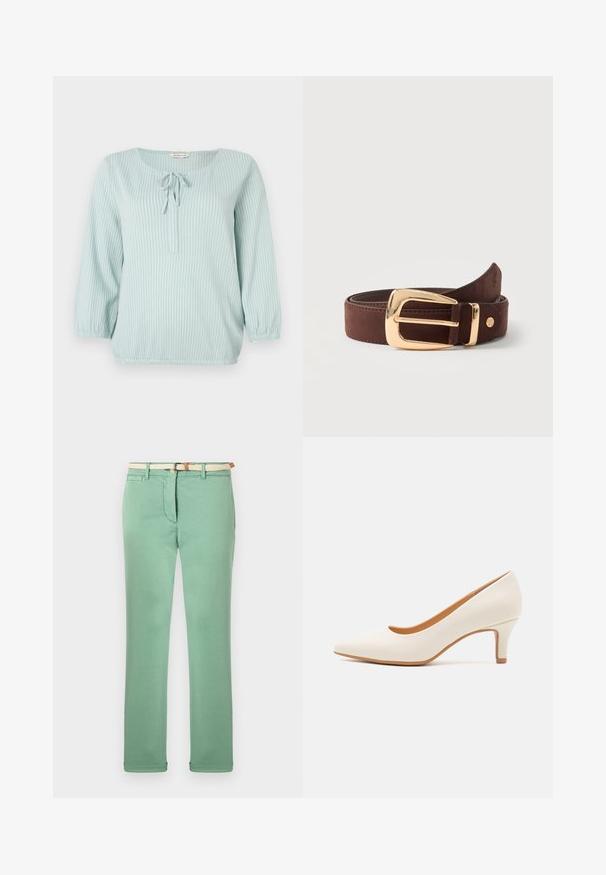 Blouse à manches longues bleu clair avec des rayures verticales blanches, col rond, détail de lien à l'avant, et poignets et ourlet élastiqués.; Pantalon vert clair en coton, avec une coupe droite, une ceinture tissée beige et des poches avant. Texture lisse avec un minimum de couture.; Chaussure à talon haute en cuir blanc avec un bout pointu et un talon fin, légèrement incliné. Texture lisse avec un design minimaliste et une semelle beige.; Ceinture en cuir marron roulée avec une boucle rectangulaire dorée brillante et un petit logo métallique rond près de la pointe.