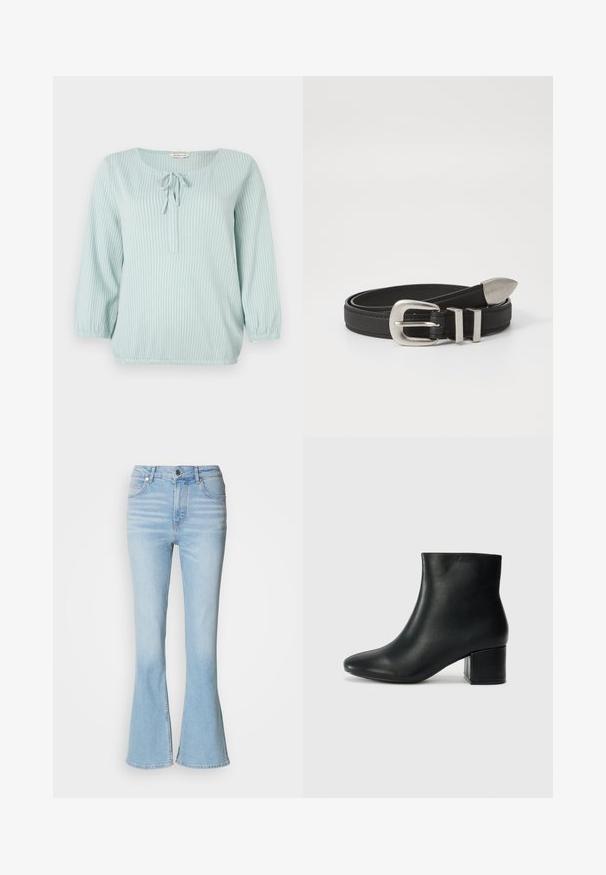 Lyseblå bluse med lange ærmer og hvide lodrette striber, rund halsudskæring, detaljer med rynke foran og elastiske manchetter og kant.; Lyseblå vide jeans lavet af denim med høj talje, prydet med subtil falming og en standard lynlås-lukning.; Sorte læder ankelstøvler med spids tå og en kraftig hæl. Glat tekstur med minimale detaljer og et slankt, tætsiddende design.; Sort læderbælte med en sølvfarvet metalspænde og dobbelt løkke detaljer, der har en tekstureret overflade og en spids ende for en sikker pasform.
