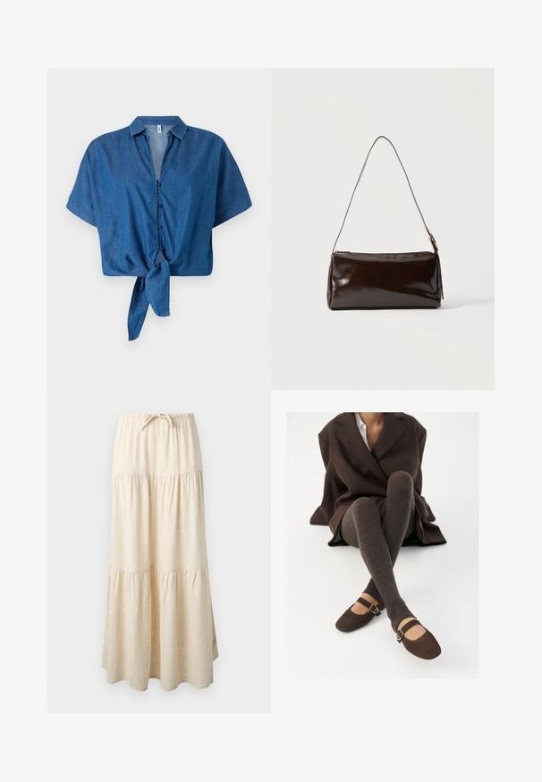 Blauwe denim korte mouwen shirt met een kraag, knopen aan de voorkant en een gestrikt ondersegment. Zachte textuur en casual ontwerp.; Beige maxi-rok met laagjes, voorzien van een elastische tailleband en trekkoord, met een vloeiend, geplooid stoffen ontwerp.; Bruine geribbelde kniekousen gecombineerd met bruine suède Mary Jane-flats met een decoratieve strap en gesp, gedragen met een donkere jas.; Donkerbruine rechthoekige leren schoudertas met een enkele dunne band en goudkleurige gesp op een effen achtergrond.