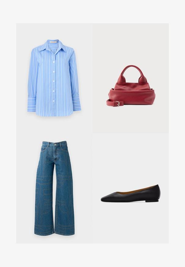 Chemise bleu clair à manches longues avec rayures blanches verticales et col pointu, présentée sur un fond blanc.; Jeans évasés en denim bleu moyen avec des motifs de couture contrastants et plusieurs designs de poches. Taille haute avec une fermeture à bouton.; Chaussure plate en cuir noir à bout pointu avec talon bas et finition lisse, vue de côté sur un fond gris clair.; Sac à main en cuir rouge texturé avec deux poignées arrondies et une bandoulière détachable avec une boucle argentée sur fond blanc.