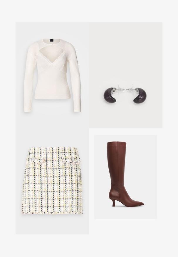 Haut blanc à manches longues en dentelle avec un décolleté en V et une délicate bordure en dentelle le long de l'encolure. Comprend une fermeture à boutons au niveau du col.; Mini-jupe en tweed avec un motif à carreaux multicolore, un ourlet effiloché et deux accents de boutons métalliques à l'avant.; Botte en cuir marron montant jusqu'au genou, avec un bout pointu et un talon effilé. Texture lisse sans motifs visibles ni accents en métal.; Boucles d'oreilles en résine violet foncé en forme de croissants de lune, avec des accents en métal argenté et des attaches arrière en plastique transparent pour un maintien sûr.