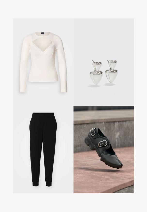 Blusa blanca de manga larga hecha de encaje con corte en V y delicado ribete de encaje a lo largo del escote. Cuenta con un cierre de botones en el cuello.; Pantalones jogger negros hechos de tela suave, con perneras ajustadas, cintura elástica y puños acanalados con costuras laterales para un aspecto ajustado.; Zapato negro de punta partida con dos hebillas plateadas, suela gruesa y detalles perforados, flotando sobre una superficie de piedra.; Pendientes de plata en forma de corazón, presentando un corazón más grande debajo de uno más pequeño. Superficie lisa y reflectante con un acabado pulido.