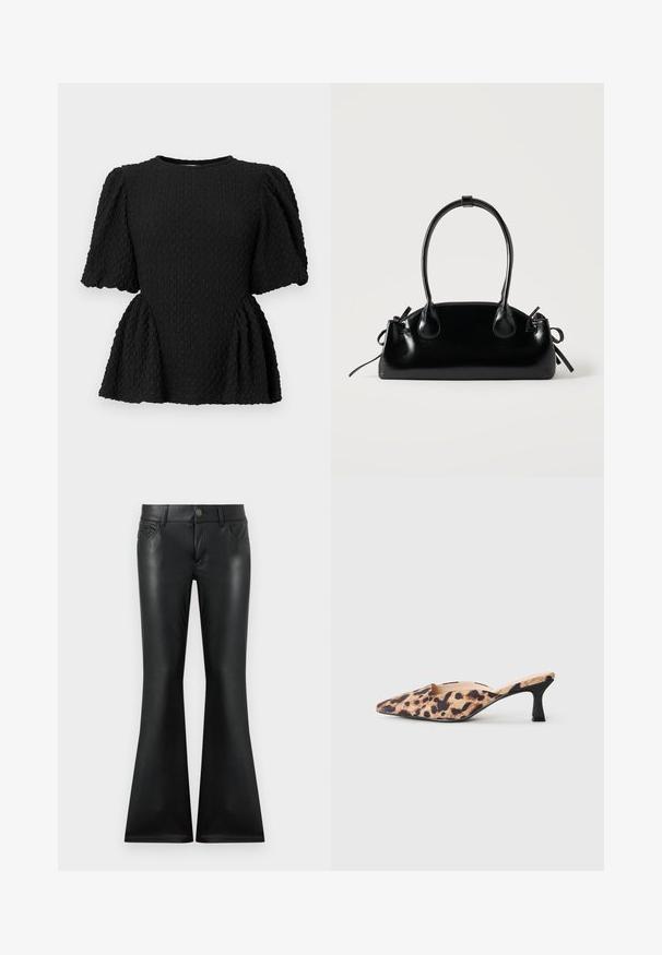 Schwarzes, strukturiertes Oberteil mit Rundhalsausschnitt, Puffärmeln und einem Peplum-Taille. Aus einem gewebten Stoff mit dezentem Muster gefertigt.; Schwarze ausgestellte Hose aus glattem, glänzendem Material. Verfügt über ein Fünf-Taschen-Design, vordere Knopfverschluss und dezente kontrastierende Nähte.; Spitz zulaufender Muleschuh mit Leopardenmuster-Obermaterial und niedrigem schwarzen Kittenheel auf hellen Hintergrund.; Kleine schwarze glänzende Handtasche mit zwei langen Griffen und seitlichen Kordelzug-Details vor einfachem hellem Hintergrund.