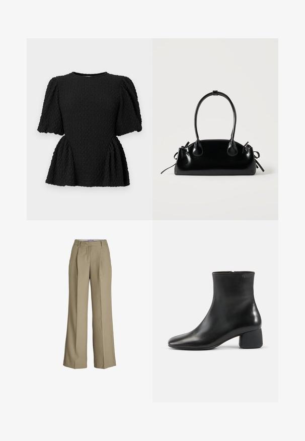 Haut noir texturé avec un col rond, des manches bouffantes et une taille peplum. Fabriqué en tissu tissé avec un motif subtil.; Pantalons larges beiges avec taille haute, plis sur le devant et une texture de tissu lisse. Design classique avec une finition soignée.; Bottine en cuir noir avec bout carré arrondi, fermeture éclair latérale et talon bas épais sur fond clair uni.; Petit sac à main noir brillant avec deux longues anses et des détails à cordon sur les côtés sur un fond clair uni.
