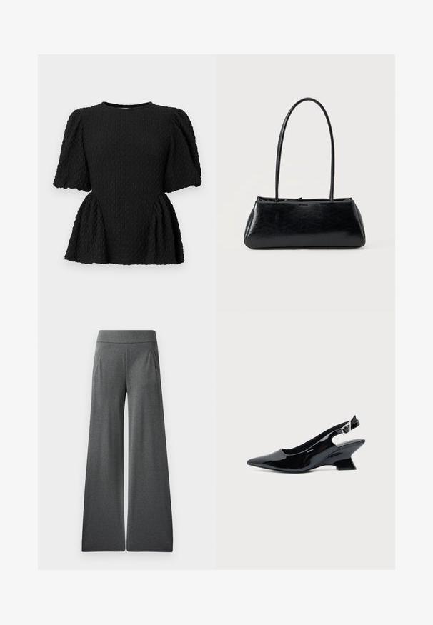 Zwarte gewatteerde top met een ronde hals, poffende mouwen en een peplum taille. Gemaakt van een geweven stof met een subtiel patroon.; Grijze wijde broek met een platte tailleband, plooien aan de voorkant en een zachte textuur, ontworpen voor comfort en bewegingsvrijheid.; Zwarte lakleren slingback schoen met spitse neus en lage schuine blokhak op een effen lichte achtergrond.; Zwarte rechthoekige schoudertas met lange dunne banden en een gladde, glanzende textuur op een effen achtergrond.