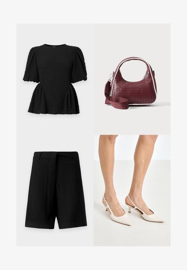Schwarzes, strukturiertes Oberteil mit Rundhalsausschnitt, Puffärmeln und einem Peplum-Taille. Aus einem gewebten Stoff mit dezentem Muster gefertigt.; Schwarze Leinenshorts mit hoher Taille, ausgestattet mit einem Stoffgürtel und seitlichen Taschen, glatte Textur und einer lockeren Passform.; Beige Lackleder Slingback-Absätze mit spitzem Fuß und 5 cm Absatz, mit ausgeschnittenen Seiten und einem schmalen Knöchelriemen.; Dunkelrote gewebte Ledertasche mit gebogenem Griff, weißem Besatz, silbernem Reißverschluss und abnehmbarem breitem Stoff-Schulterriemen vor einfarbigem Hintergrund.
