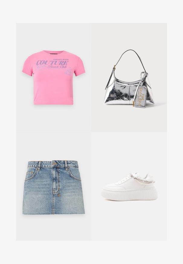 Rosa, kurzärmeliges, kurzes T-Shirt mit silbernem Glitzerschriftzug "Versace Jeans Couture Beach Club" und einer kleinen Grafik einer surfenden Frau.; Helles blaues Jeans-Minikleid mit tailliertem Bund, vorderem Knopfverschluss und zwei seitlichen Taschen. Verfügt über rohe Säume und kontrastierende Nähte.; Weißer Plateau-Sneaker mit dicker gerippter Sohle und dekorativer Perlen- und Perlenkette um die Rückseite und Seite.; Glänzende silberne Handtasche mit einem einzelnen Riemen und einem hängenden Etikett mit der Aufschrift "THE SACK BAG MARC JACOBS" in goldenen Buchstaben.