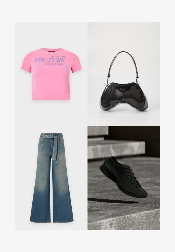 Rosa, kurzärmeliges, kurzes T-Shirt mit silbernem Glitzerschriftzug "Versace Jeans Couture Beach Club" und einer kleinen Grafik einer surfenden Frau.; Weit geschnittene Denim-Hosen mit einem Farbverlauf von hellblau zu dunkelblau, hoher Taille, Gürtelschlaufen und einem passenden Stoffgürtel. Strukturierte Denim-Oberfläche.; Schwarzer Sportschuh mit glatter Textur, abgerundeter Spitze und flacher Sohle. Er verfügt über ein dezentes Logo und ein traditionelles Schnürsystem und schwebt über Beton.; Schwarze Handtasche aus lackiertem Leder mit einer einzigartigen, geschwungenen Form, kurzem verstellbarem Griff und einem Reißverschluss oben. Glatte Textur mit dezentem Branding.