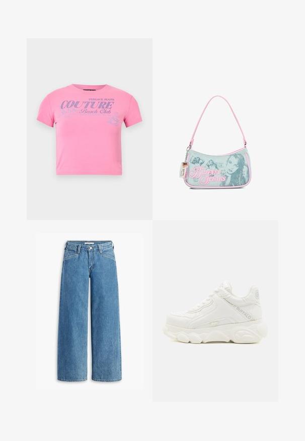 Pink crop-top med korte ærmer og sølvglittertekst "Versace Jeans Couture Beach Club" samt en lille grafik af en kvinde på surfboard.; Lysblå bredbenede jeans lavet af denim, med høj talje, fem lommer og en klassisk knaplukning. Lige snit fra lår til kant.; Hvid chunky sneaker med tyk sål, snørelukning og "Buffalo" branding på siden og hælen.; Lille denimhåndtaske med lyserød kant, der har sort-hvide billeder af Britney Spears, rhinstenstjerne-designs og en fastgjort plastik ID-mærkat.