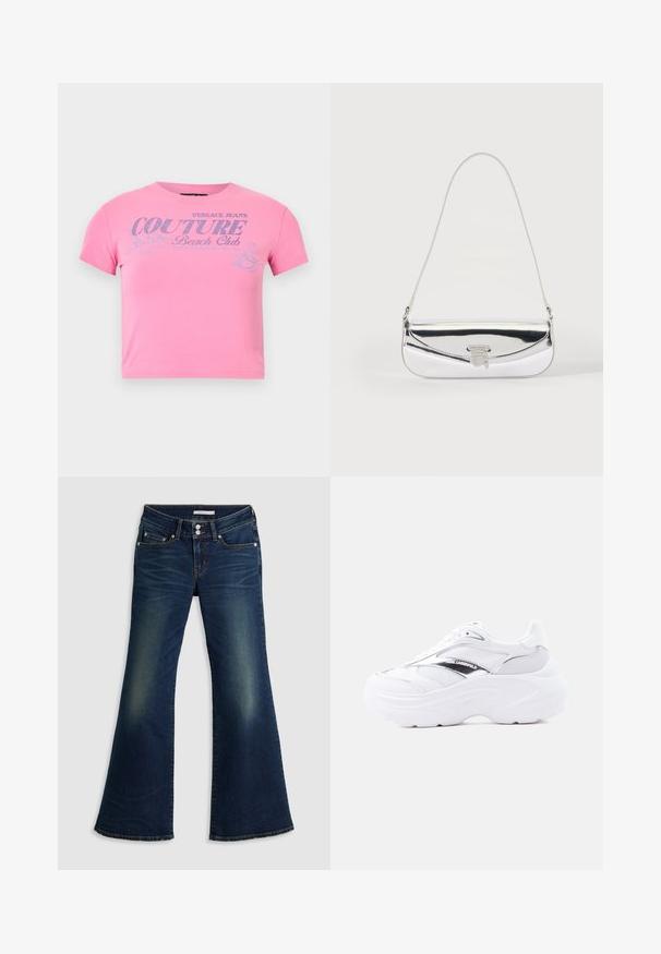 T-shirt rose court à manches courtes avec texte pailleté argenté "Versace Jeans Couture Beach Club" et un petit dessin d'une femme en train de faire du surf.; Jean flare super bas en denim bleu foncé avec poches avant et arrière, fermeture à double bouton et détails décolorés sur les cuisses et les genoux.; Baskets blanches épaisses avec dessus en mesh et cuir, semelle épaisse, détail métallique argenté et logo "Karl Lagerfeld" sur le côté.; Petit sac à épaule argenté avec une fine bandoulière et un rabat avant sécurisé par un fermoir métallique.