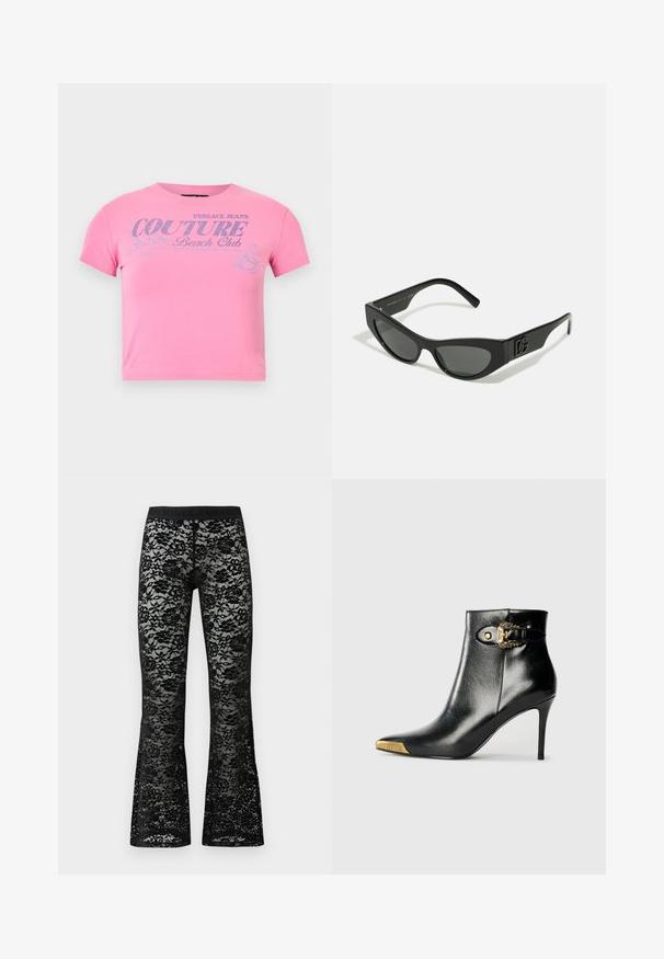 Pink crop-top med korte ærmer og sølvglittertekst "Versace Jeans Couture Beach Club" samt en lille grafik af en kvinde på surfboard.; Sorte blonde flared bukser med blomstermønster, elastisk sort talje, gennemsigtig tekstur og en tætsiddende silhuet.; Sort ankelstøvle lavet af skinnende læder med spids tå, stilet hæl og guldfarvet hardware med en dekorativ spænde-detalje.; Sorte solbriller med en slank, vinkelret ramme, mørkt tonede linser og prægede logodetaljer på stangen. Glat mat finish.