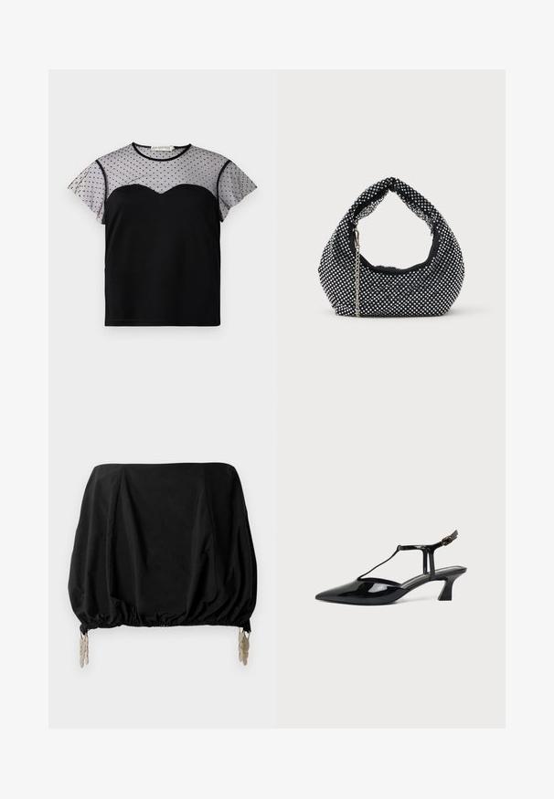 Sort kortærmet top med gennemsigtig polkaprikket mesh på overdelen og ærmerne, med en sweetheart-udskæring under mesh-laget.; Sort cropped top med en samlede design, med elastisk kant og metalliske clips som detaljer. Fremstillet af et letvægtsstof.; Sort lakeret læder damesko med lav hæl, slingback, spids tå og tynd rem med lille spænde.; Sort mesh håndtaske prydet med sølvnitter, udstyret med et buet håndtag og en kædetraspe. Blød tekstur med en rund form.
