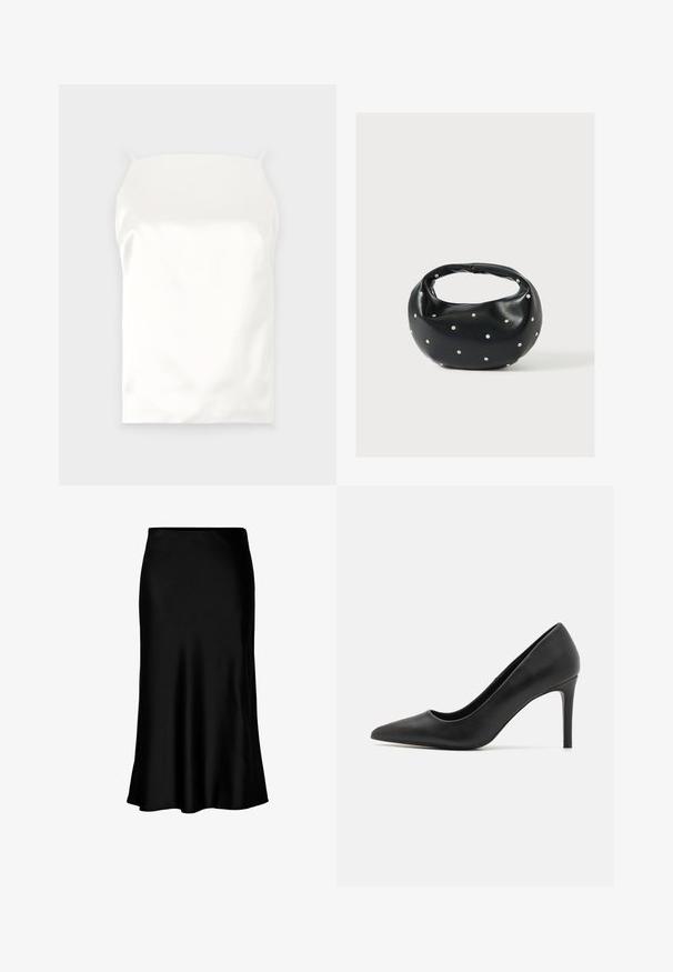 Hvid satin cami med tynde stropper, glat tekstur, rektangulær form og ingen synlige mønstre eller accenter.; Sort satin midi-nederdel med en glat tekstur, klokkeformet kant og en tætsiddende talje, der har et enkelt, klassisk design.; Sorte stiletto-sko med spids tå, lavet af glat læder, med et strømlinet design og en tynd, cylindrisk hæl.; Sort læderhåndtaske med en rundet form, dekoreret med sølvnitter, og et kort håndtag. Glat tekstur og lynlåslukning.
