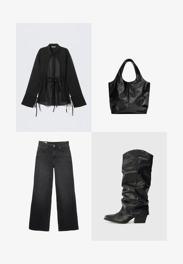 Zwarte doorschijnende blouse met een klassieke kraag, lange mouwen, verstelbare strikdetails aan de manchetten en een knoopsluiting aan de voorkant.; Zwarte jeans met brede pijpen, hoge taille, sluiting met knopen en rits aan de voorkant, riemlussen en een ontwerp met vijf zakken.; Zwarte leren laarzen tot de knie met een verslonden ontwerp, puntige neus en een chunky hak, voorzien van een zachte textuur en minimale stiksels.; Zwarte leren tote bag met een gladde textuur, een zachte ronde bovenkant en brede handvatten. Kenmerkt zich door minimale stiksels en een slungelige silhouet.