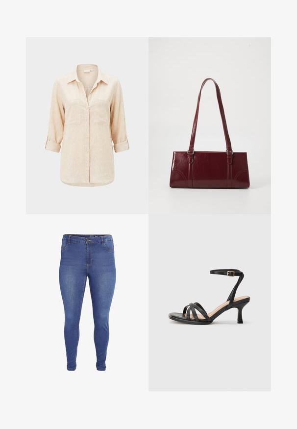 Beige langærmet skjorte med krave, to brystlommer og op-rullede ærmer.; Blå skinny jeans med forlommer, bæltestropper, knaplukning og let falmet effekt på lår og knæ.; Sorte høje hæle sandaler med flere tynde stropper over tæerne, en enkelt ankelstrop med en gylden spænde og en firkantet tå.; Bordeaux håndtaske lavet af glansfuldt materiale, rektangulær form, med to skulderremme og subtile buede detaljer på forsiden.