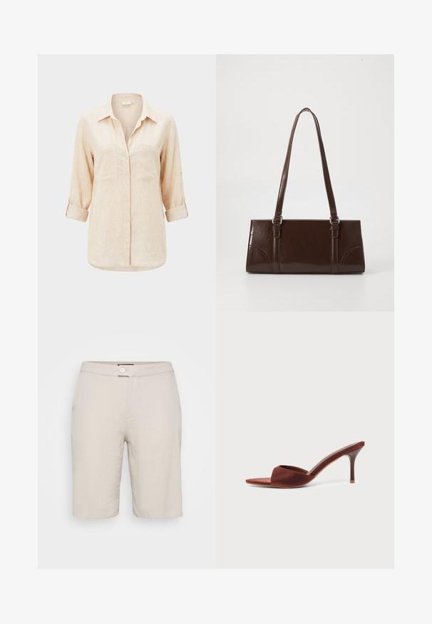 Beige overhemd met lange mouwen, kraag, twee borstzakken en opgerolde mouwen.; Beige katoenen shorts met een knoopsluiting, twee zijzakken en een rechte pasvorm. Heeft een gladde textuur en een eenvoudig ontwerp.; Bruine suède hoge hak mule met puntige neus en smalle stilettohak op een effen lichte achtergrond.; Bruine lakleren handtas met een rechthoekige vorm, twee lange handvatten en subtiele gebogen accenten aan de voorkant.