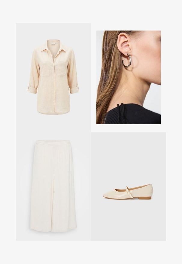 Camisa beige de manga larga con cuello, dos bolsillos en el pecho y mangas remangadas.; Pantalones culottes de lino blanco con cintura elástica, piernas anchas y una superficie texturizada. La prenda tiene un corte holgado y relajado para mayor comodidad.; Bailarinas de charol beige con punta cuadrada, tacón pequeño y una correa ajustable en el tobillo con un acento de hebilla dorada.; Pendiente de aro de plata con un acabado pulido, que presenta pequeños detalles en dorado y una forma redonda, llevado en el lóbulo.
