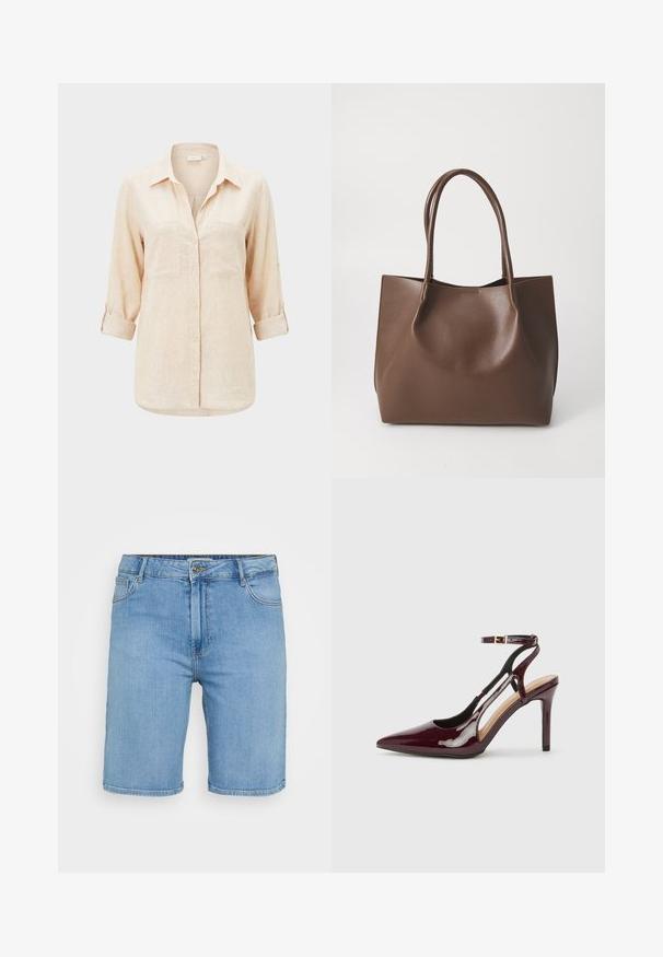 Beige langærmet skjorte med krave, to brystlommer og op-rullede ærmer.; Lys blå denim shorts med klassisk pasform, der har en frontknaplukning, bæltestropper og to sidelommer. Glat tekstur og lige kant.; Bordeaux patentlæder højhælede sko med spids tå, ankelrem og udskæringsdetaljer på siderne. Slank og glat finish.; Brun læder tote taske med to lange håndtag, struktureret form, glat tekstur og minimalistisk design. Ingen synligt hardware eller accenter.