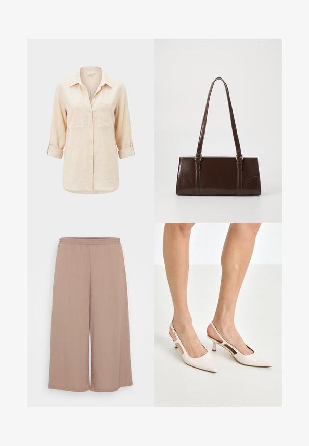Beige langärmliges Hemd mit Kragen, zwei Brusttaschen und hochgekrempelten Ärmeln.; Leichte, weit geschnittene Hose aus weichem mauvefarbenem Stoff mit einem elastischen Bund. Verfügt über eine knitterresistente Textur und schlichte gesäumte Kanten.; Beige Lackleder Slingback-Absätze mit spitzem Fuß und 5 cm Absatz, mit ausgeschnittenen Seiten und einem schmalen Knöchelriemen.; Braune Lackleder-Handtasche in rechteckiger Form, mit zwei langen Griffen und subtilen, geschwungenen Akzenten auf der Vorderseite.