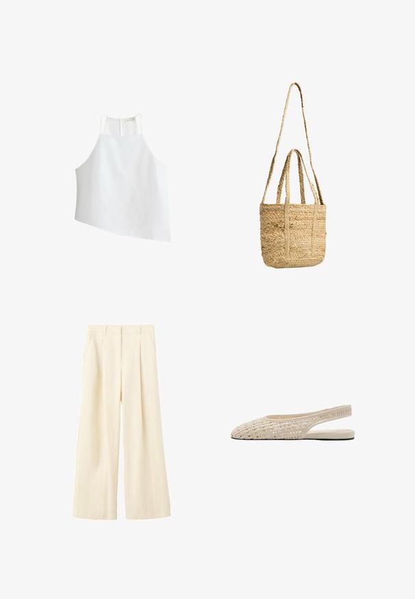 Haut halter blanc sans manches avec fines bretelles et ourlet asymétrique, fermeture éclair à l'encolure arrière.; Pantalon large couleur crème avec plis devant et poches latérales, avec fermeture avant dissimulée.; Chaussure slingback plate beige avec dessus tissé et bout pointu, dotée d'un talon ouvert et d'une semelle fine.; Sac cabas en paille tressée naturelle avec deux poignées courtes et une longue bandoulière, forme rectangulaire, couleur beige, motif texturé.