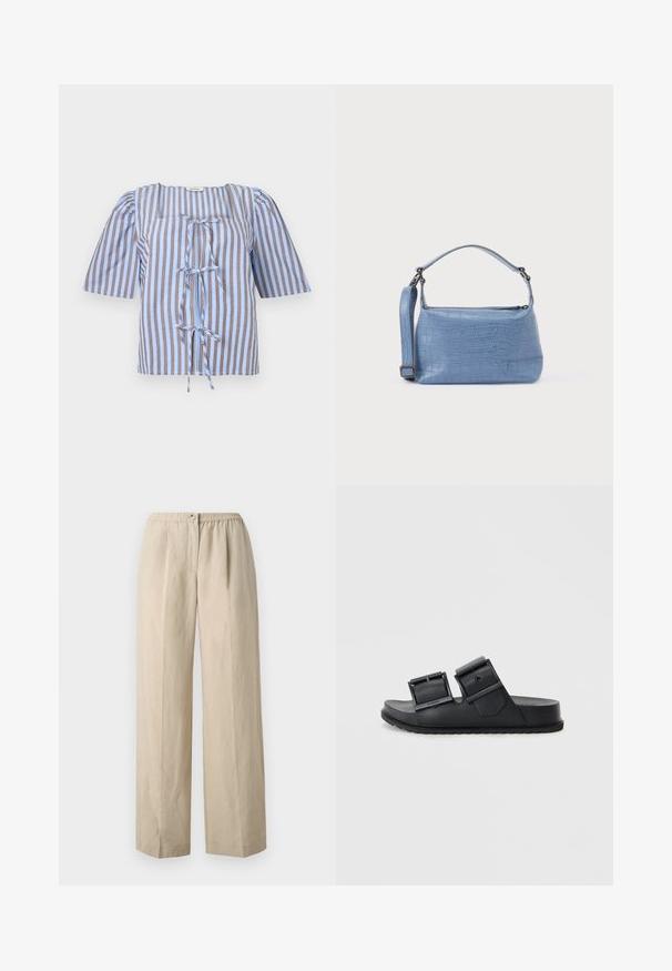Blusa a rayas azul y marrón con mangas cortas abullonadas, escote cuadrado y un detalle de lazo en el frente. Está hecha de una tela ligera con una textura suave.; Pantalones de pierna ancha beige, hechos de una tela suave, con una cintura elástica fruncida y un cierre con botón en la parte delantera. Textura suave con pliegues.; Sandalias de slide negras hechas de un material texturizado con dos correas ajustables que cuentan con hebillas. Suela plana con un diseño de dibujo para mayor agarre.; Bolso azul claro con relieve de cocodrilo, asa corta y correa de hombro desmontable. Textura lisa con cierre de cremallera.