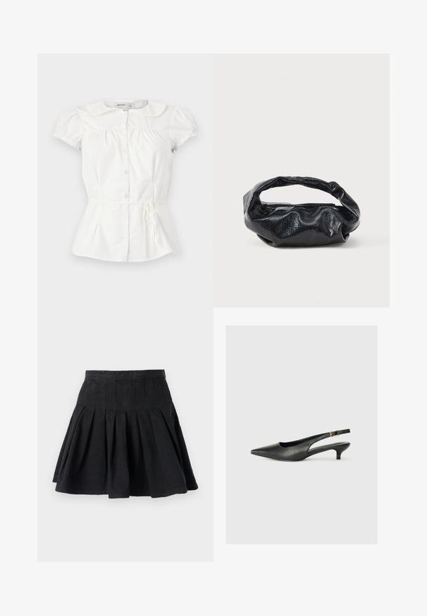 Valge lühikeste varrukatega pluus Peter Pani kraega, ees nööbitav, kogutud rinnaosaga, elastsete varrukaservadega ja õhukese nöörvöögiga vöökohal.; Must have mustriga mustainest puuvillakangast. Omab istuvat vööd ja laienevat äärist. Lihtne disain ilma nähtavate mustrite või kaunistusteta.; Must musta säärega king, mis on valmistatud siledast nahast. Omab peenikest kontsa ja reguleeritaval rihmal on pandla detail.; Must have kõrge läikega struktuurse materjaliga must käekott, millel on ümmargune, keeratud sang ja tõmblukk. Omab pehmet, kortsulist disaini.