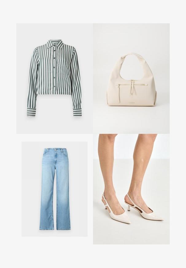 Langærmet skjorte med knapper og lodrette grønne og hvide striber, en brystlomme på venstre side og en spids krave.; Lyseblå vidde jeans med frontknap og lynlås, bæltestropper og femlomme-design.; Beige patenterede læder slingback hæle med spids tå og 5 cm hæl, med udskårne sider og en tynd ankelrem.; Beige læderhåndtaske med en buet skulderrem, der har en frontlomme med lynlås og diskrete guldindlæg. Glat tekstur og minimalistisk design.