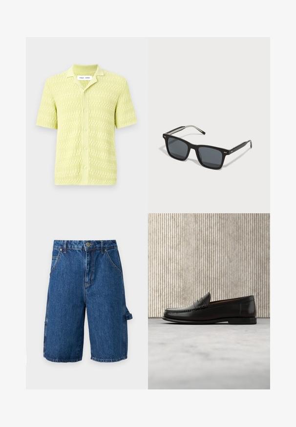 Limegrøn kortærmet striktrøje med et tekstureret geometrisk mønster, klassisk krave og knaplukning, fremstillet af blødt stof.; Denim shorts i en mellemblå farve, med høj talje, to forlommer og en sidelomme med strop. Glat tekstur, afslappet design.; Sort læder penny loafer med lav hæl, rundet tå og syningsdetaljer langs fronten og siderne, vist på neutral baggrund.; Sorte firkantede solbriller med mørke linser, plastikramme, metalaccenter og signaturlogo på bøjen. Slank design med et moderne udseende.