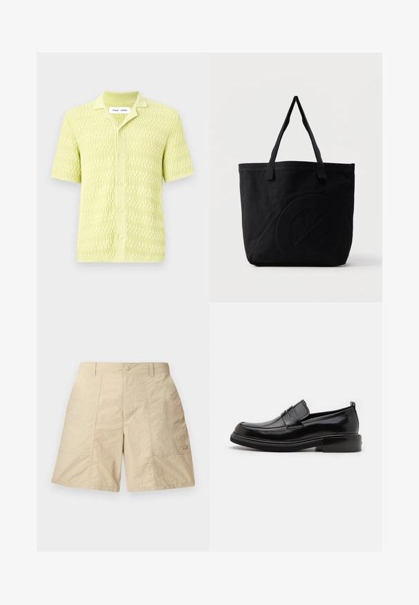 Chemise tricotée à manches courtes de couleur vert lime, présentant un motif géométrique texturé, avec un col classique et un système de fermeture à boutons, fabriquée en tissu doux.; Shorts beiges avec une finition texturée, dotés d'une fermeture à bouton à l'avant, de deux poches latérales et d'un petit logo en bas à droite.; Calvin Klein MOCCASIN - Mocassins de ville - black; Sac fourre-tout en toile noire avec deux bandoulières et un motif circulaire discret en relief sur le devant.