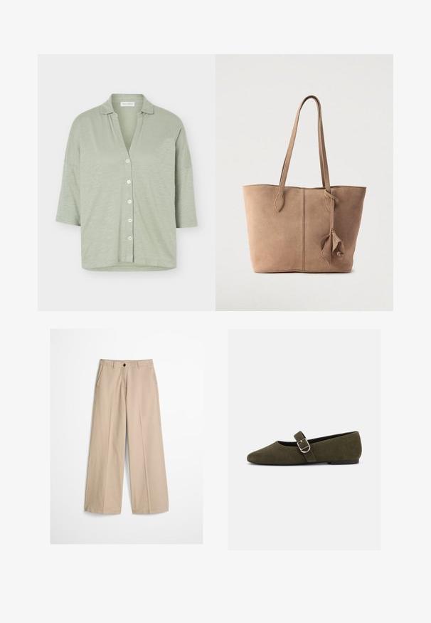 Chemise ample à manches courtes boutonnée, en vert sauge clair, avec col et tissu léger texturé.; Pantalon beige à jambes larges avec pli frontal, passants pour ceinture, fermeture par bouton et une petite étiquette en tissu sur le côté droit de la ceinture.; Chaussure plate Mary Jane en daim vert olive avec bride à boucle argentée et bout arrondi, présentée sur fond blanc.; Sac fourre-tout en daim beige doux avec deux longues anses, un design simple et un détail noué sur le côté. Texture lisse sur toute la surface.