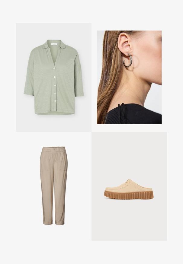 Camisa de manga corta de corte holgado con botones en verde salvia claro, con cuello y tejido ligero texturizado.; Pantalones beige con cintura elástica, dos bolsillos frontales, diseño de pierna entallada y textura suave. Adecuados para un uso casual o relajado.; Zuecos de ante beige con punta redondeada, detalles de costura y una suela de goma texturizada que presenta estrías verticales para mayor agarre.; Pendiente de aro de plata con un acabado pulido, que presenta pequeños detalles en dorado y una forma redonda, llevado en el lóbulo.