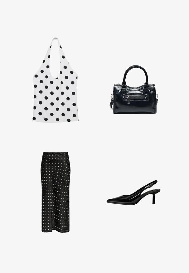 Haut blanc sans manches à pois noirs avec un profond décolleté arrondi.; Jupe en satin noir avec une silhouette ajustée et des pois crème, texture lisse, longueur mi-mollet, ourlet sans couture.; Escarpin slingback en cuir verni noir avec bout pointu, talon bloc de hauteur moyenne et bride réglable à boucle sur fond blanc.; Sac à main en cuir noir brillant avec deux poignées, poche avant zippée et bandoulière amovible sur fond blanc.