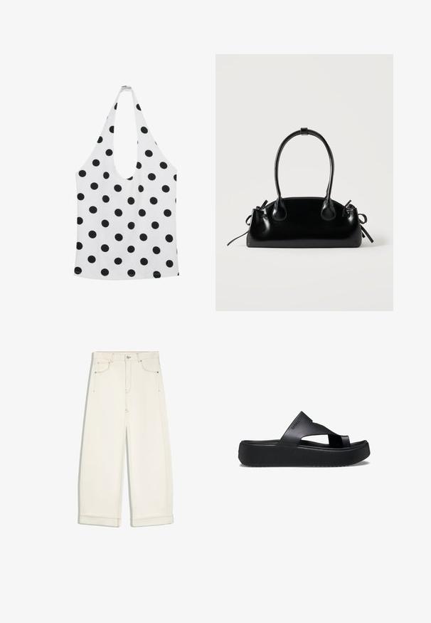 Wit mouwloos haltertopje met zwarte stippen en een diepe ronde halslijn.; Off-white wijde cropped broek met knoop aan de voorkant, rits, twee voorzakken en zichtbare bruine stiksels.; Zwarte platform flip-flops met een getextureerde rubberen zool, voorzien van een kruisbandontwerp en een matte afwerking. Merklocatie subtiel aan de zijkant.; Kleine zwarte glanzende handtas met twee lange hengsels en zijkant trekkoord details op een effen lichte achtergrond.