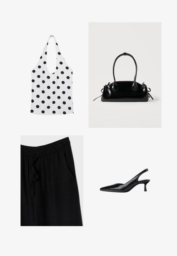 Hvid ærmeløs haltertop med sorte polkaprikkker og dyb rund halsudskæring.; Sorte bukser med elastisk talje og snøre, der har en afslappet pasform og sidelommer. Materialet ser blødt og let ud.; Sorte slingback pumps med spids tå, lavet af tekstureret syntetisk materiale, med en slank hæl og et åbent sides_design.; Lille sort blank håndtaske med to lange håndtag og snøre-detaljer i siden på en ensfarvet lys baggrund.