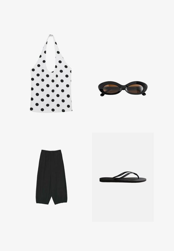 Haut blanc sans manches à pois noirs avec un profond décolleté arrondi.; Pantalon large noir ample avec taille et poignets élastiqués, doté de poches latérales et d'une coupe décontractée.; Sandale tong en caoutchouc noir avec semelle texturée et fines brides en Y sur un fond blanc uni.; Lunettes de soleil ovales noires avec montures épaisses et verres teintés marron, présentées sur un fond blanc.