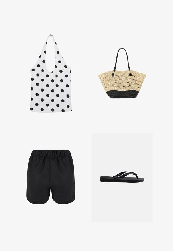 Hvid ærmeløs haltertop med sorte polkaprikkker og dyb rund halsudskæring.; Sorte shorts med elastisk talje. Blødt stof, enkelt design og let afrundet kant nederst. Ingen synlige mønstre eller logoer.; Sort gummiplip-flops sandal med tekstureret sål og glatte remme, sidevisning på en ensfarvet lys grå baggrund.; Beige og sort vævet skuldertaske med sorte læderhåndtag, med åben strikkemønster og rundet form.