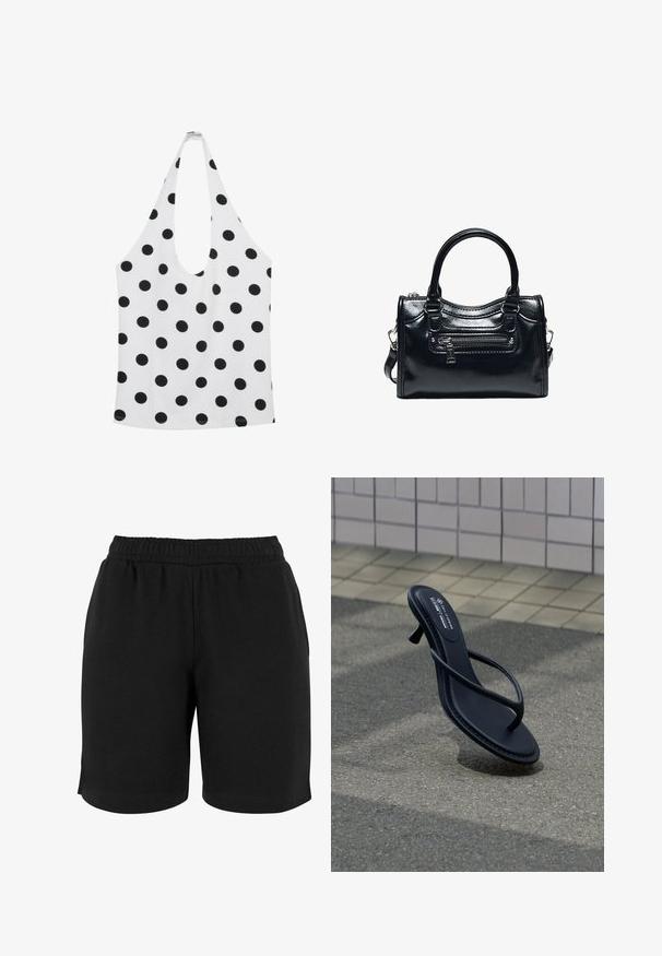 Haut blanc sans manches à pois noirs avec un profond décolleté arrondi.; Shorts en coton noirs avec une taille élastique, présentant une texture lisse et une coupe simple. Aucun poche ni embellissement visible.; Sandale noire à talons et brides flottant au-dessus d’un pavement gris texturé avec un mur carrelé en arrière-plan.; Sac à main en cuir noir brillant avec deux poignées, poche avant zippée et bandoulière amovible sur fond blanc.
