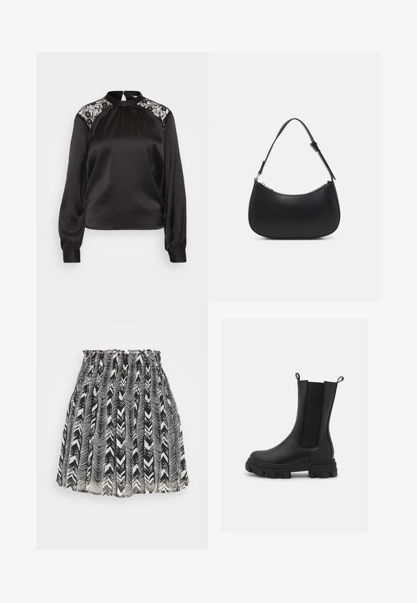 JDY JDYFIFI - Blouse - black; ONLY ONLZIGGY LIFE SKATER SKIRT - Jupe trapèze - black; Bottines Chelsea noires en cuir et tissu élastique, dotées d'une semelle en caoutchouc épaisse avec un motif de traction prononcé et de languettes pour un enfilage facilité.; Pieces PCALUANA SHOULDER BAG - Sac à main - black