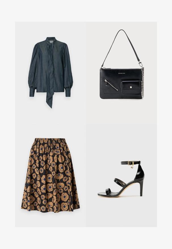 Dark denim blouse with a high collar, long puff sleeves, and a front tie detail. Smooth texture and structured design.; Black skirt with an elastic waistband featuring a tan and blue floral pattern and a flared, gathered silhouette.; Black patent leather sandal with three straps, ankle buckle, and 4-inch stiletto heel. Features gold hardware detail and logo charm.; Black Michael Kors leather shoulder bag with top zipper, diagonal front zipper pocket, flap pocket with snap button, and silver chain detail.